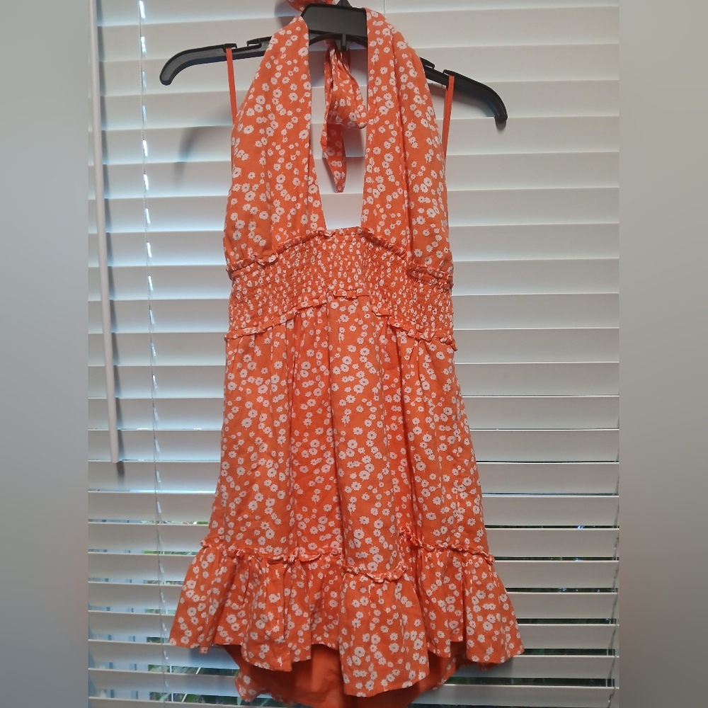 Nwt ( Aerie ) Orange Floral Halter Dress